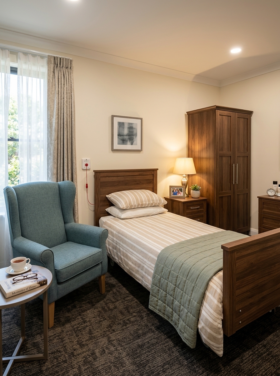 Comfortable en-suite bedroom with armchair at Nightingale Court