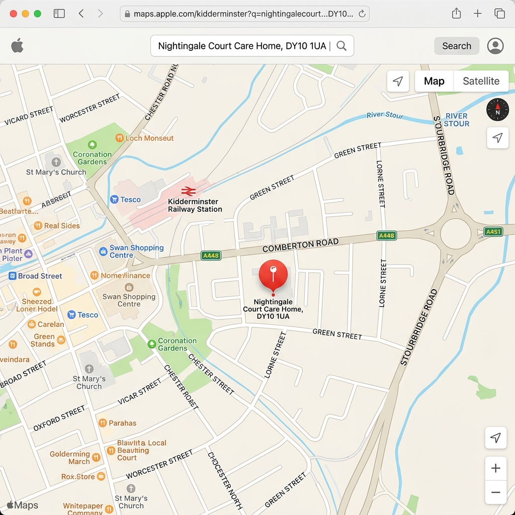 Location Map of Nightingale Court Care Home, 11-14 Comberton Road, Kidderminster, DY10 1UA