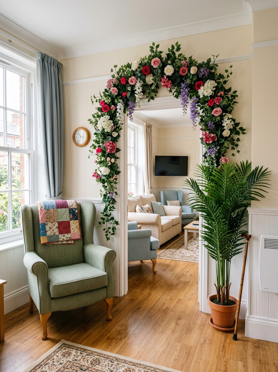 Tranquil sitting room with floral archway